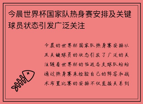 今晨世界杯国家队热身赛安排及关键球员状态引发广泛关注